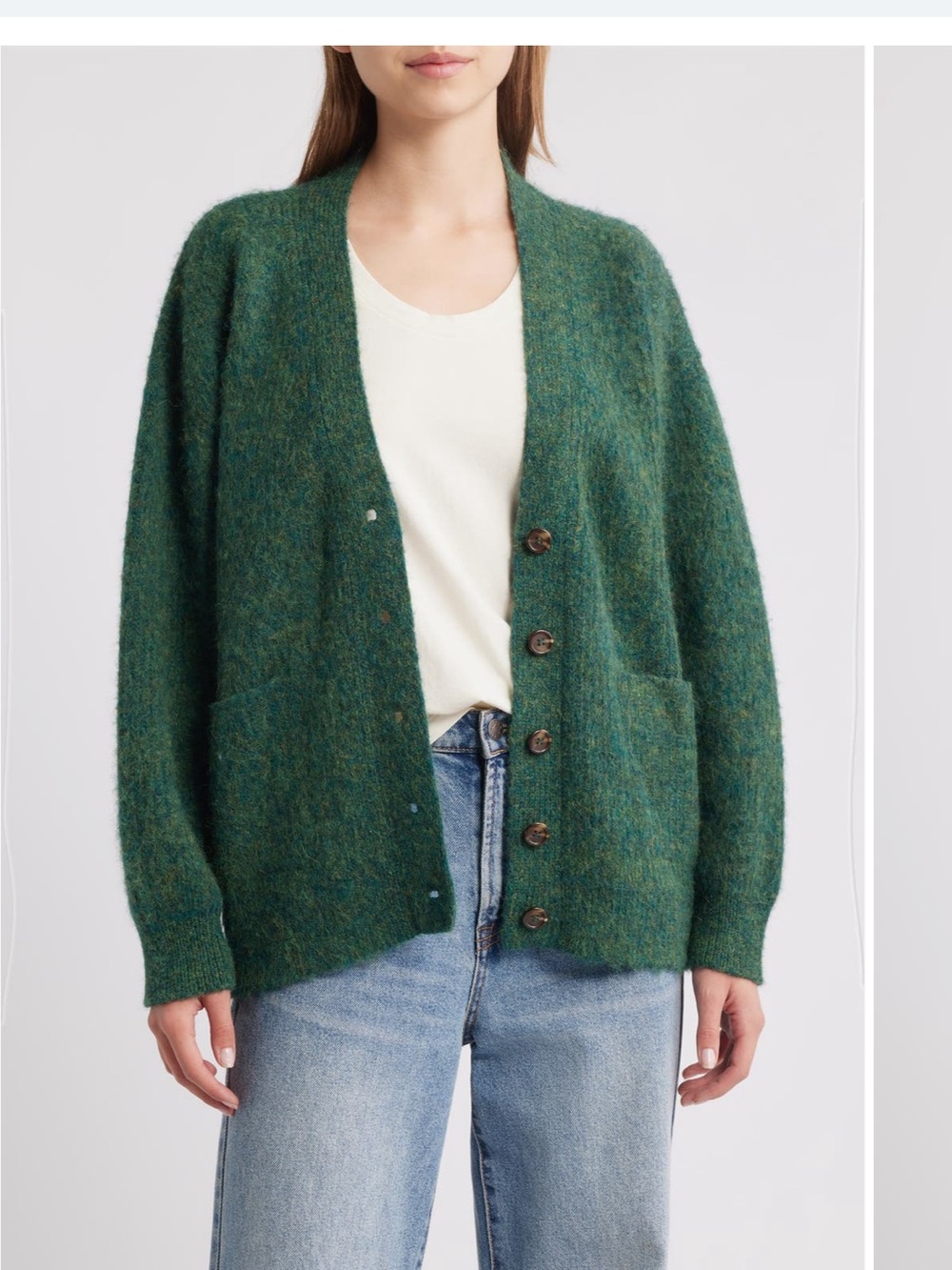 THE GREAT. Heathered Forest Green V-Neck Button Cardigan